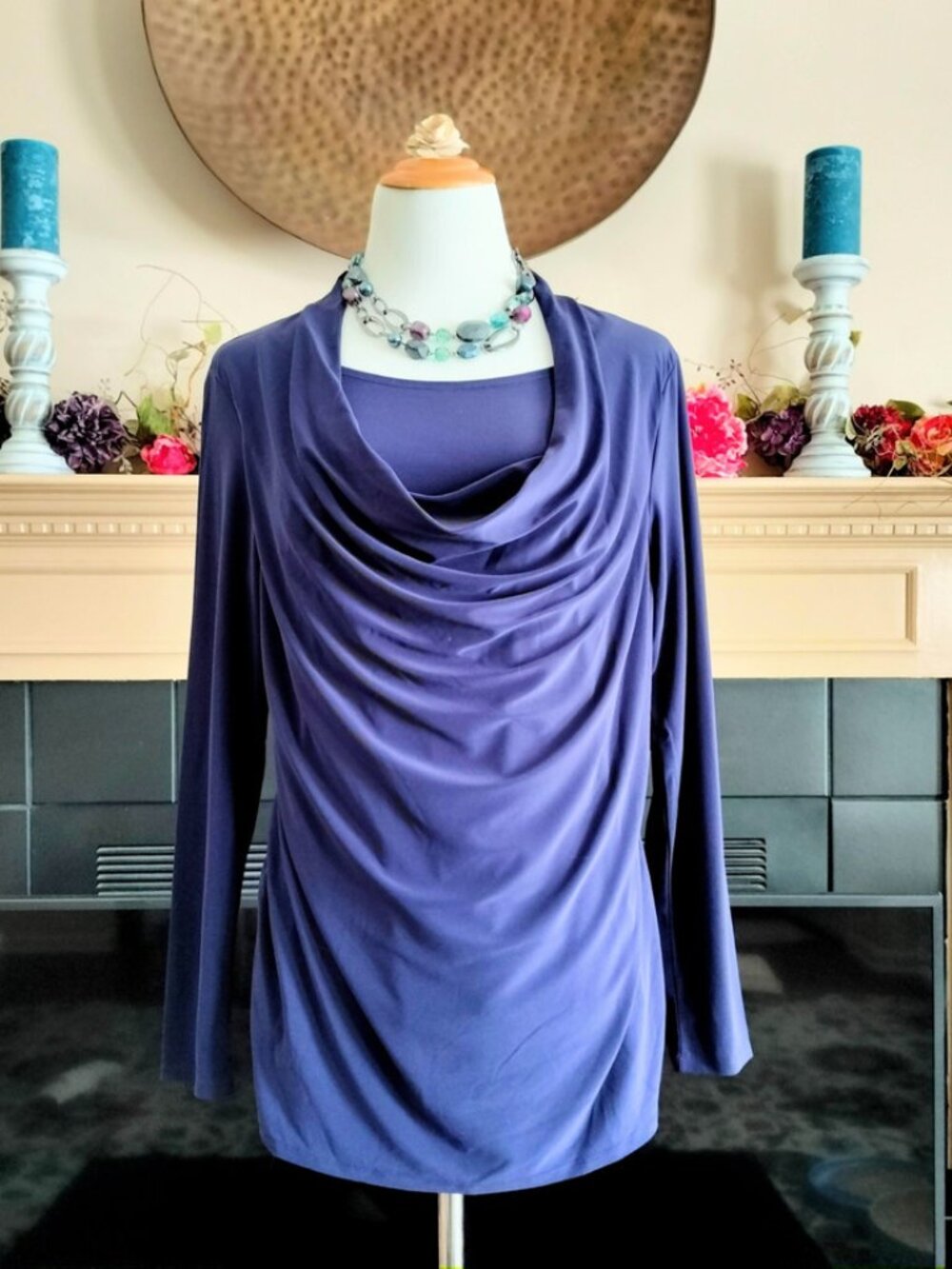 Coldwater Creek Drape Front Knit Top L 14 Navy Long Slv Lined Front Side Ruching